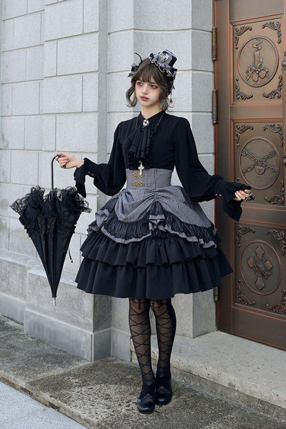 Black Point Manor Multi-Striped Print Ruffled Bow Hem Gothic Lolita Skirt