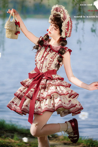 Crimson Three-Tier Cherry Print Ruffle Sweet Lolita Skirt Ensemble