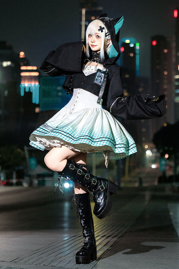 Black and Ivory Electronic Cat Print Future Suit Gothic Cool Lolita Dress