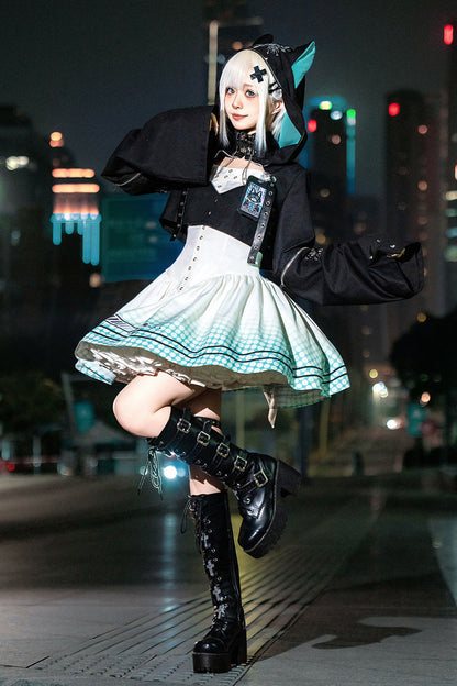 Black and Ivory Electronic Cat Print Future Suit Gothic Cool Lolita Dress