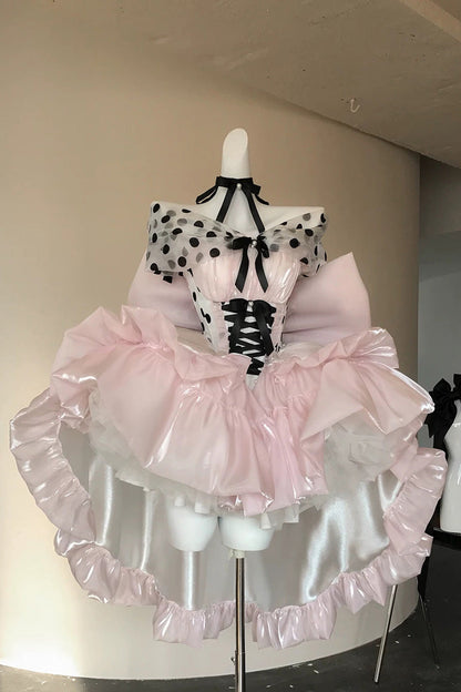 Rose Polka Coronation Sleeveless Printed Ruffle Bow Back Corset Lace Princess Gown