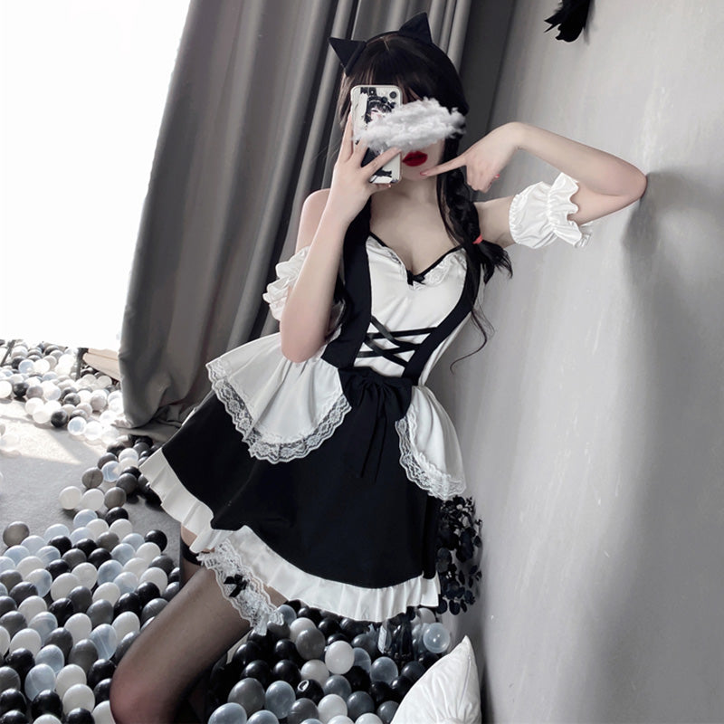 Kawaii Ruffle Maid Lingerie Dress Stockings Set