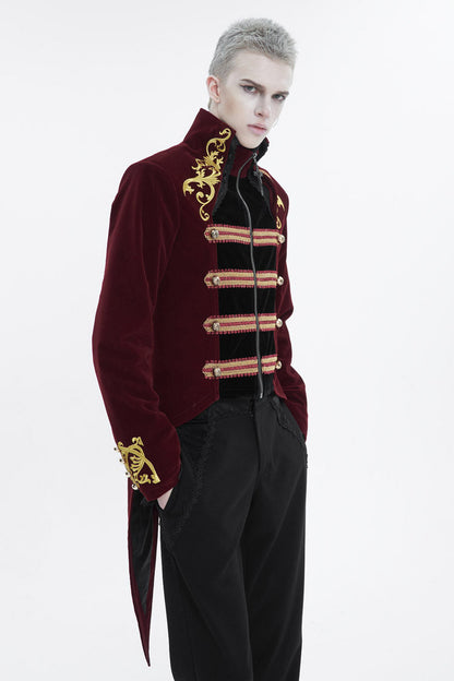 Crimson Totem Embroidered Swallowtail Men's Goth Coat