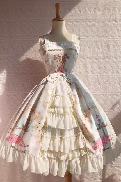 Peacock Cross Print Ruffle Cardigan Jsk Dress - Sweet Lolita