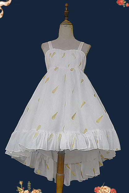 Feather Snowflake Embroidery Print Sleeveless Ruffle Bow Sweet JSK Dress