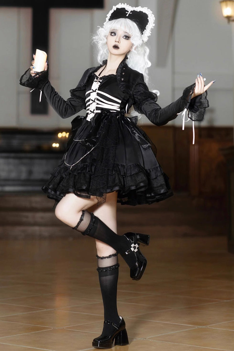 Black Gothic Princess Lolita JSK Dress with Multi-Layer Ruffles and Bowknot