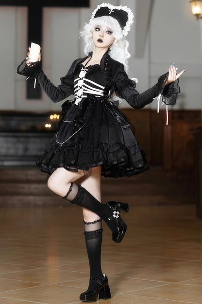 Black Gothic Princess Lolita JSK Dress with Multi-Layer Ruffles and Bowknot