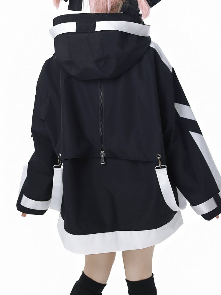 Black and White Jirai Kei Techwear Straps Hooded Windbreaker Jacket