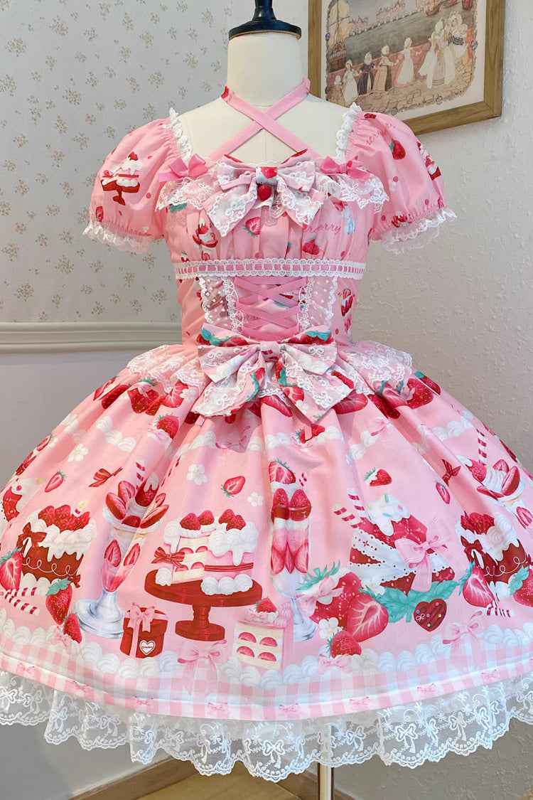 Pink Strawberry Parfait Print Short Sleeve Ruffle Bow Lace Lace-Up Sweet Lolita Dress