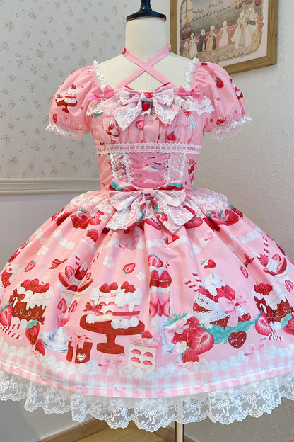 Pink Strawberry Parfait Print Short Sleeve Ruffle Bow Lace Lace-Up Sweet Lolita Dress