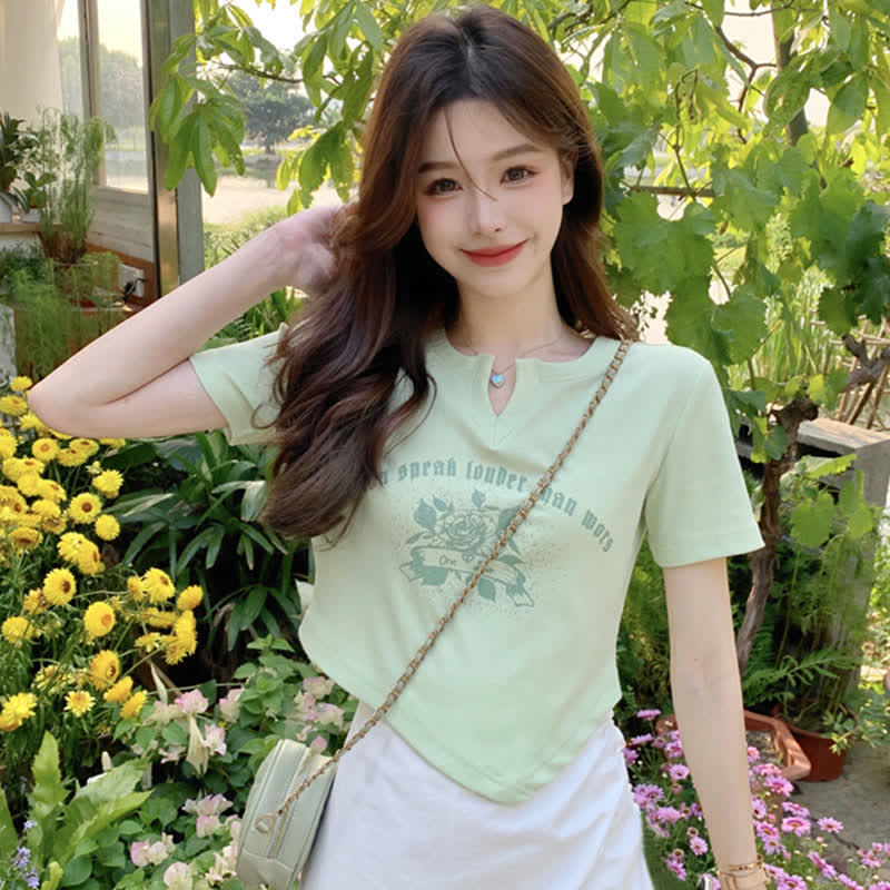 Irregular Letter Flower Printed Crop Top T-Shirt Skirt