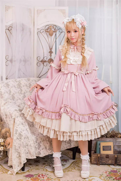 Pink Long Sleeves Ruffle Bow Daily Sweet Princess Lolita Dress