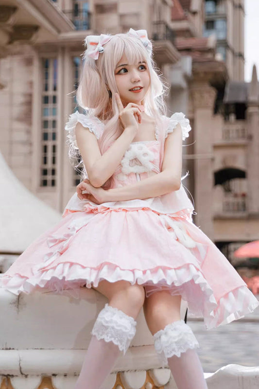 Rose Miss Meow Print Ruffle Bow Sweet Lolita Skirt Ensemble