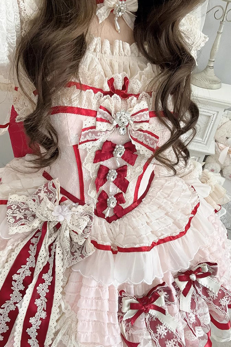 Rose Moonstone Sleeveless Ruffle Embroidery Bow Lace Fishbone Sweet Princess Gown