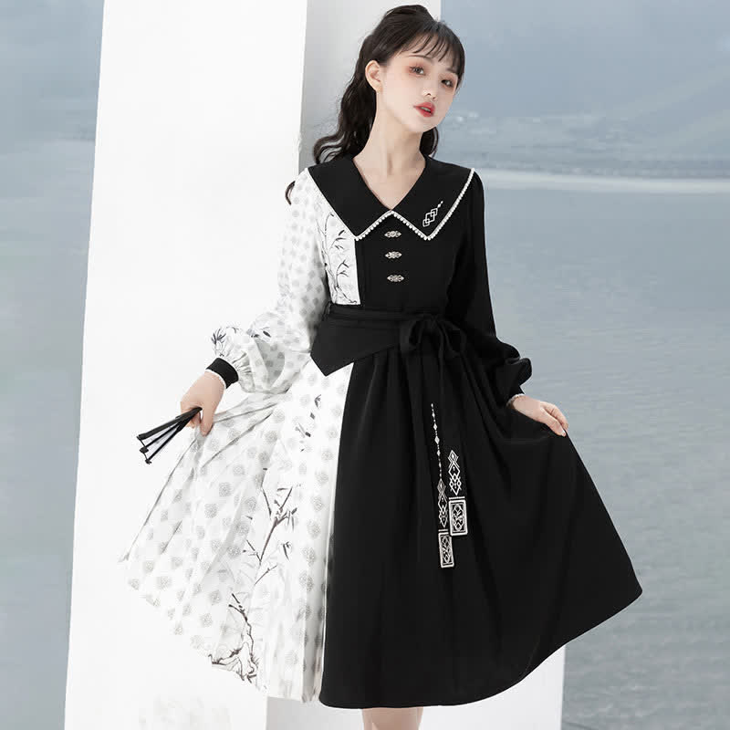 Charming Bamboo Print Lapel Colorblock Dress