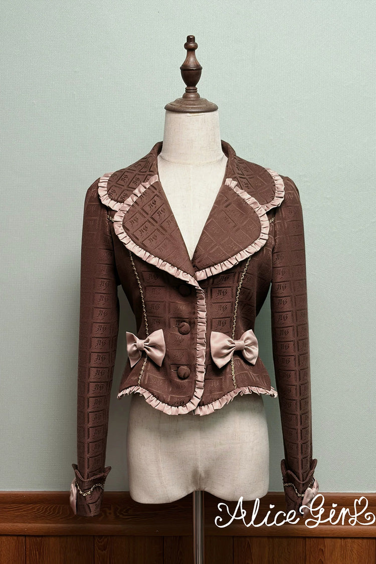 Brown Teddy Chocolate Bar Print Embroidered Bow Lace-Up Classic Lolita JSK Skirt