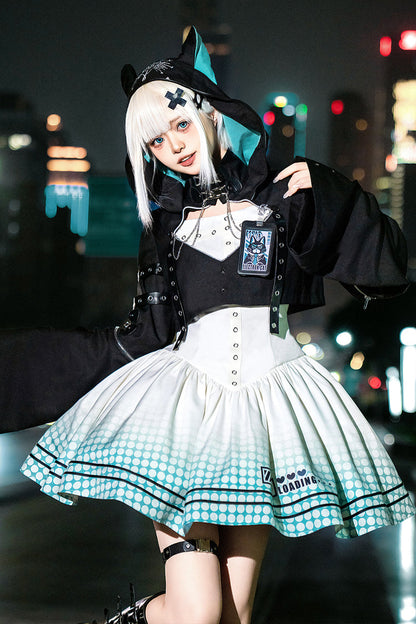 Black and Ivory Electronic Cat Print Future Suit Gothic Cool Lolita Dress