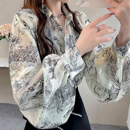 Vintage Ink Painting Print Puff Sleeve Shirt Workwear