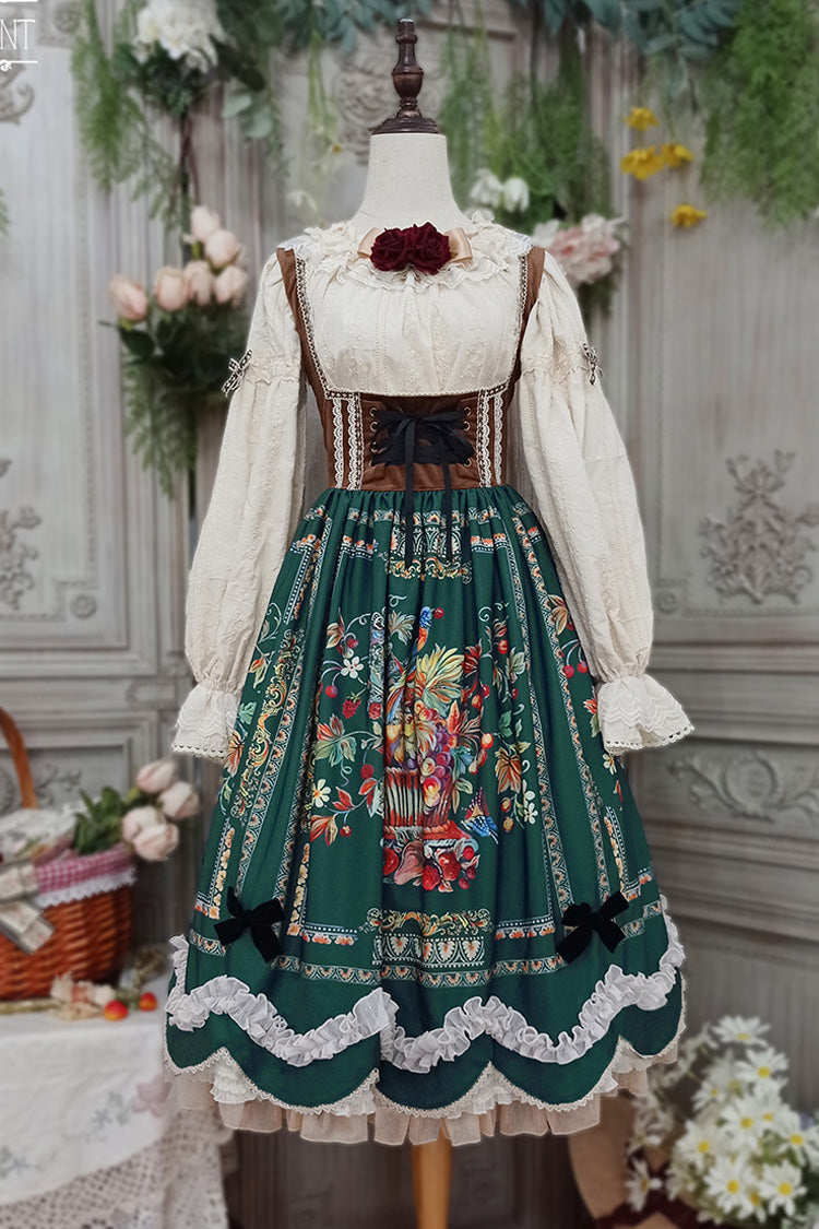 Emerald Ode to Plenty Berries Birds Print Ruffle Velvet Classic Lolita Breast Support JSK