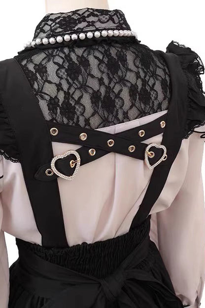 Black Ruffled Bow Lace-Up Pearl Gothic Skirt