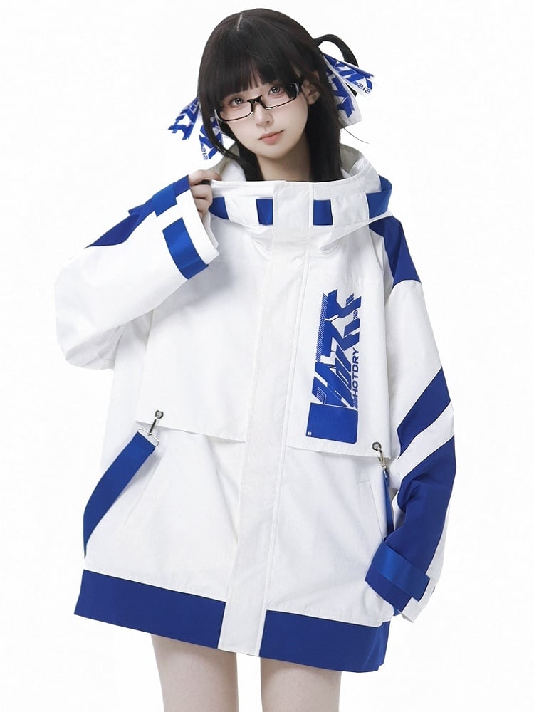 Blue and White Jirai Kei Techwear Straps Hooded Windbreaker Jacket