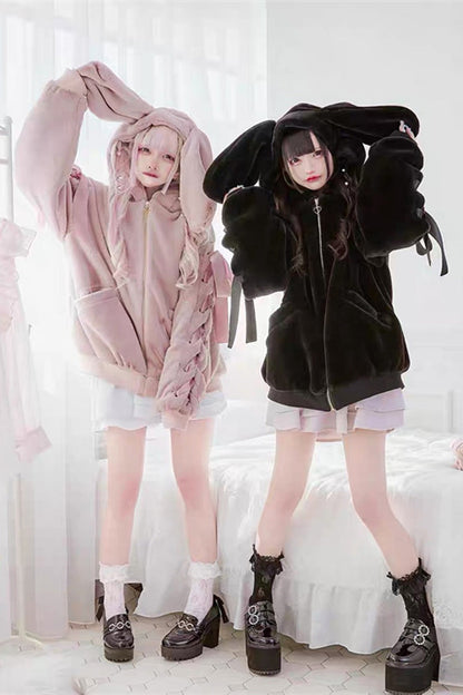 Pink Rabbit Ear Bow Lace-Up Hooded Coat