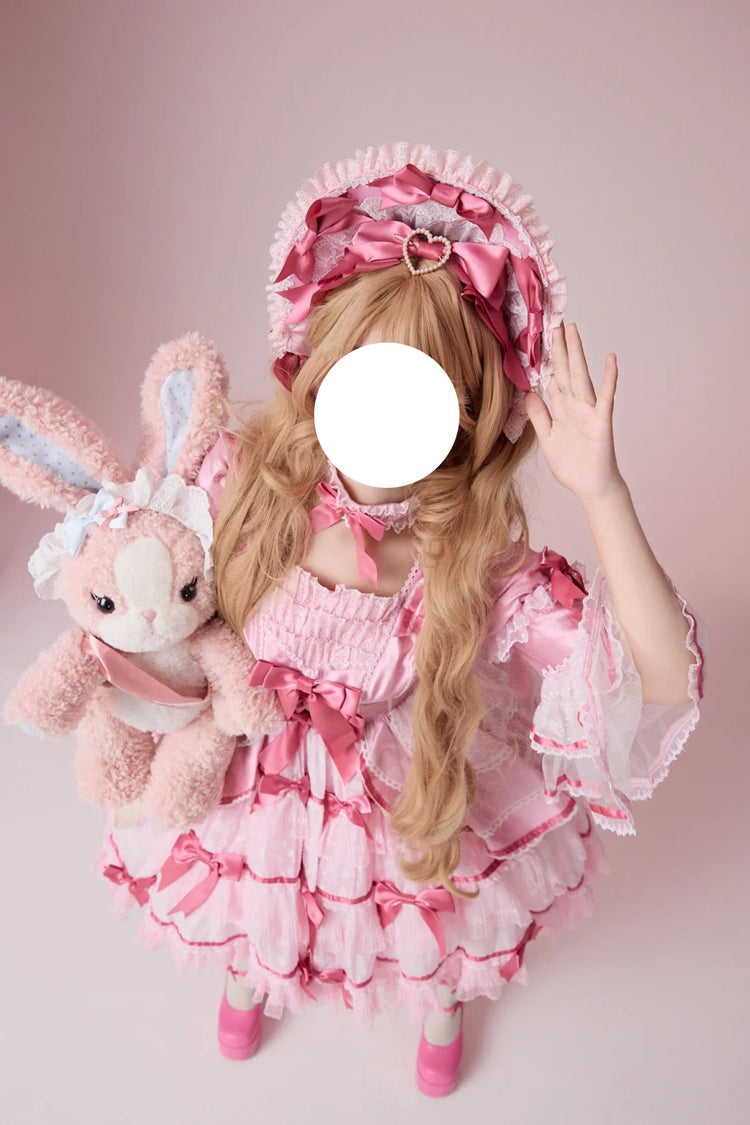Rose Velvet Cake Long Trumpet Sleeves Multi Ruffle Bow Lace Sweet Lolita Dress
