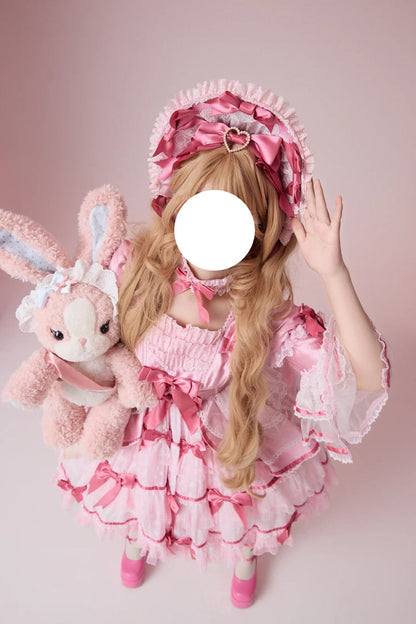 Rose Velvet Cake Long Trumpet Sleeves Multi Ruffle Bow Lace Sweet Lolita Dress