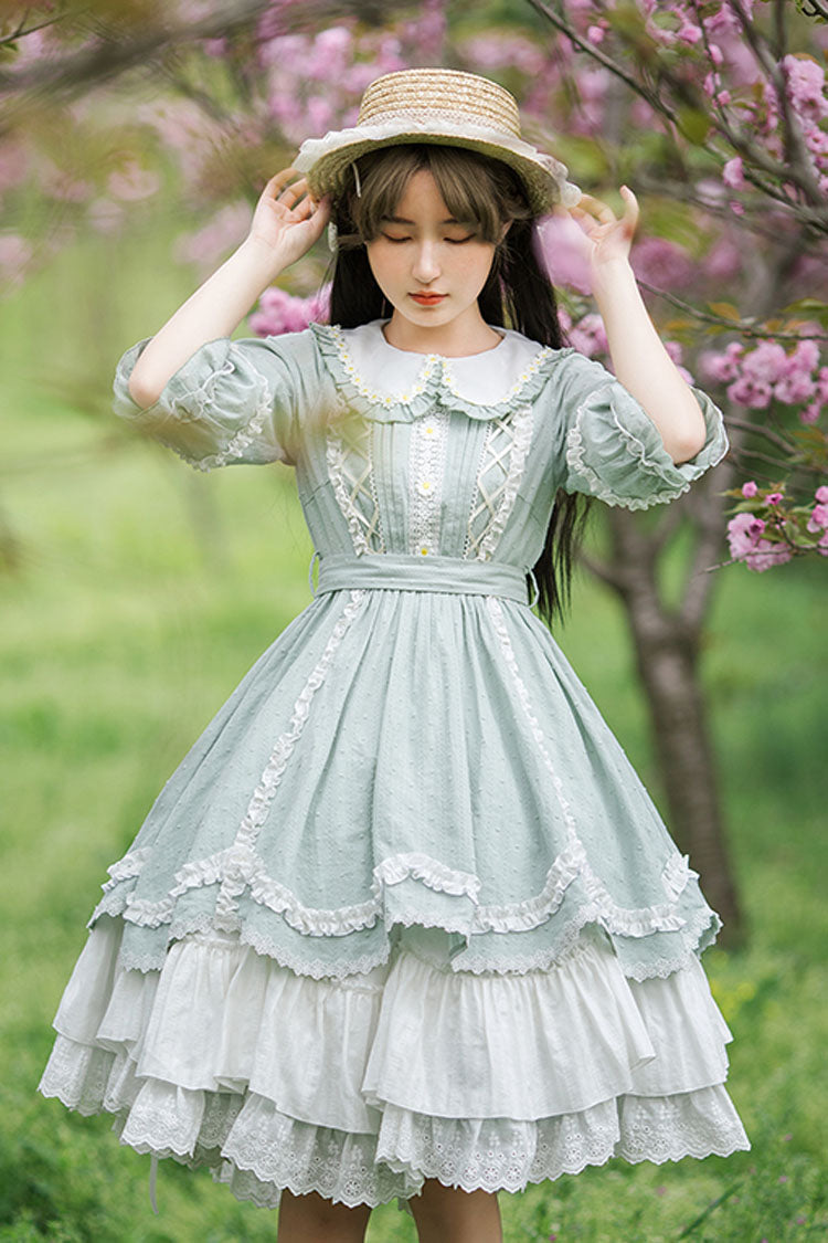 Green Sweet Lolita OP Dress with Doll Collar and Lace Ruffled Layers