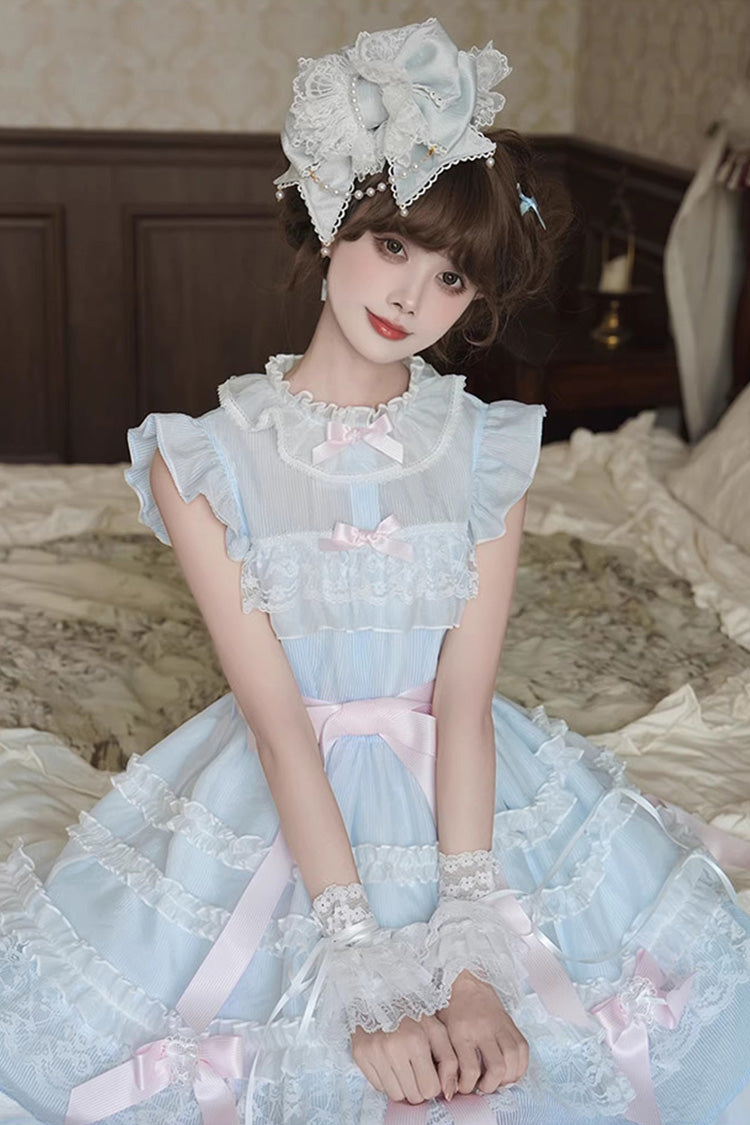 Blue Frosted Cake Stand Collar Sleeveless Ruffle Bow Lace Sweet Japanese Princess Lolita Tiered Dress