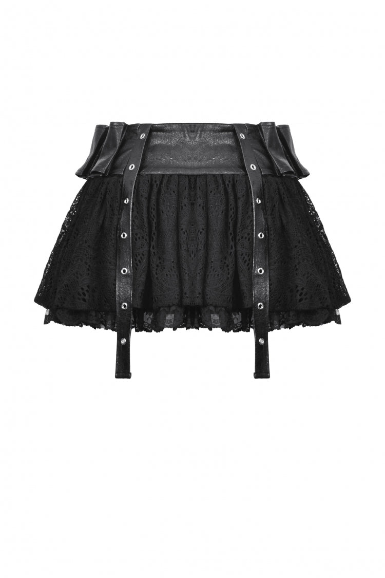 Lace-Up Punk Mini Skirt with Spliced Lace in Black Faux Leather