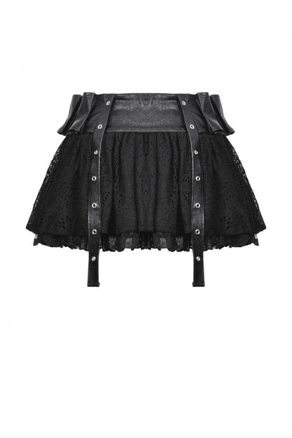 Lace-Up Punk Mini Skirt with Spliced Lace in Black Faux Leather