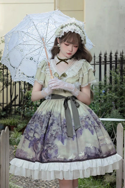 Multi-Color Short Sleeves Vineyard Print Ruffle Bow Sweet Princess Lolita Dress