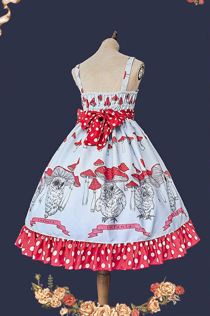 Mushroom-Print Bow-Adorned Ruffled Sweet Lolita Dress in Two Colors