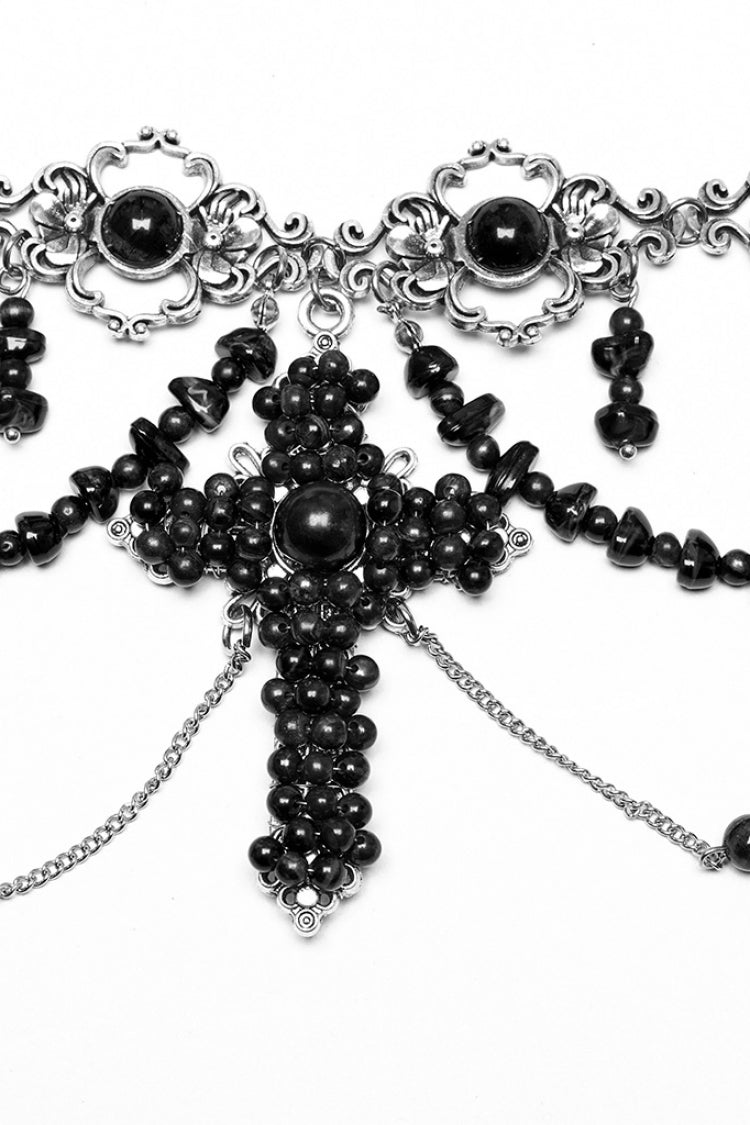 Beaded Cross Black Asymmetric Punk Necklace Women's
