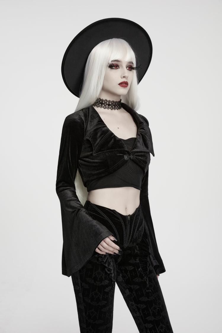 Gothic Short Jacket for Her with Velvet Bat Wing Collar and Flare Sleeves