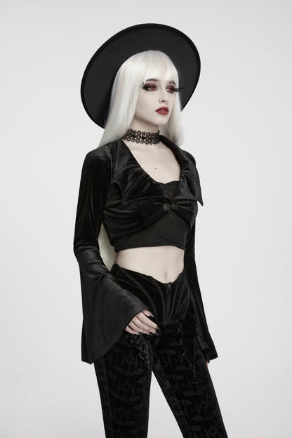Gothic Short Jacket for Her with Velvet Bat Wing Collar and Flare Sleeves