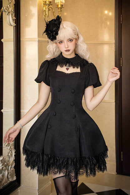 Double-Breasted Hollow Gothic Short-Sleeve Dress