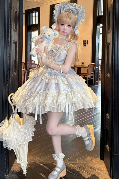 Blue Blossoming Heart Love Sleeveless Dark Jacquard Print Bow Lace Sweet Lolita Jsk Dress