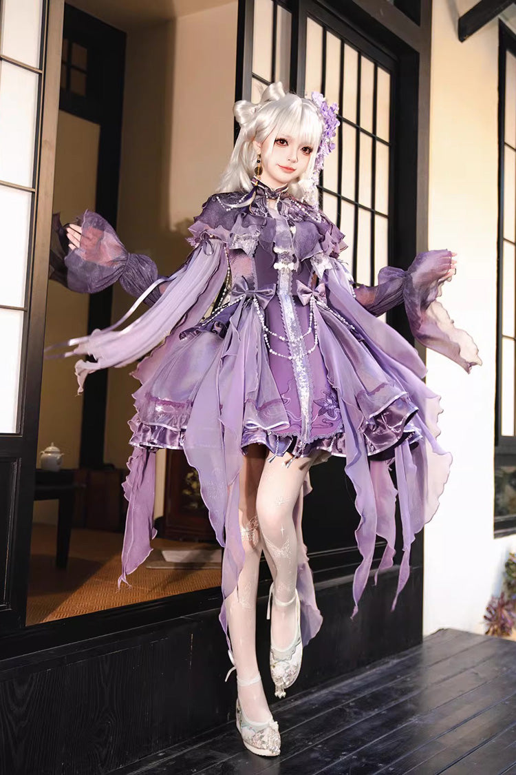Embroidered Pearl Gothic Jumper Dress Set - Purple