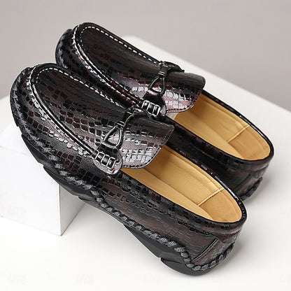 Men’s Black Moc-Toe Driving Loafers – Textured Crocodile