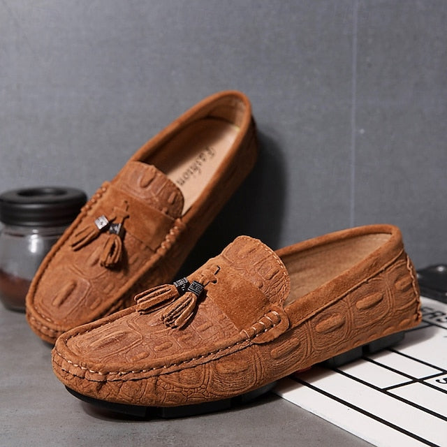 Men's Brown Faux Suede Loafers with Tassel Detail and