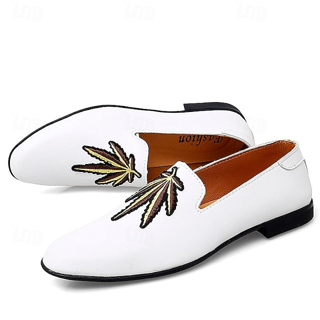 Men's Prom Shoes - White Faux Leather Loafers with Feather