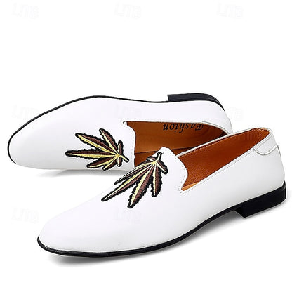 Men's Prom Shoes - White Faux Leather Loafers with Feather