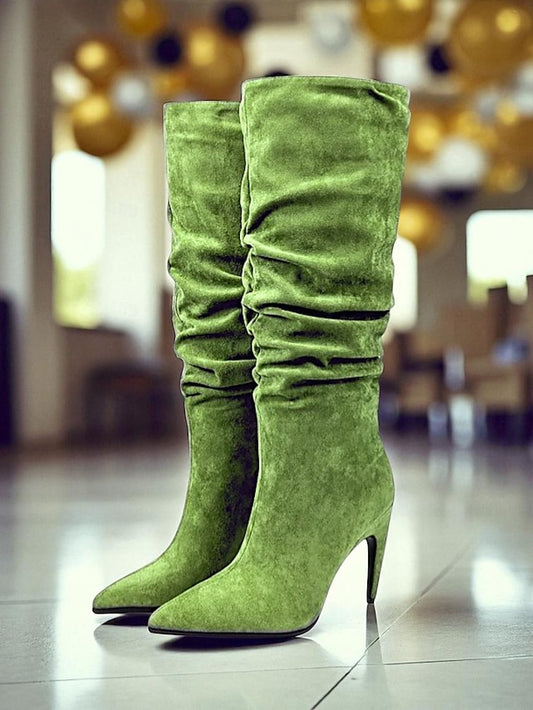 Women's High Knee Pointed Slouch Velvet Boots Toe Green -
