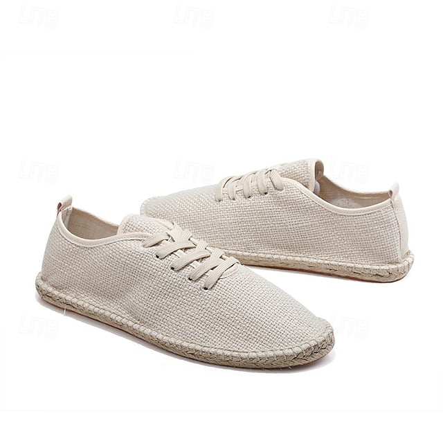 Men's Beige Canvas Lace-Up Espadrille Shoes with Jute Rope