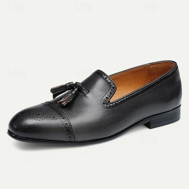 Men's Brown Leather Tassel Loafers with Brogue Detailing,