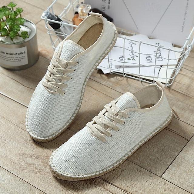 Men's Beige Canvas Lace-Up Espadrille Shoes with Jute Rope