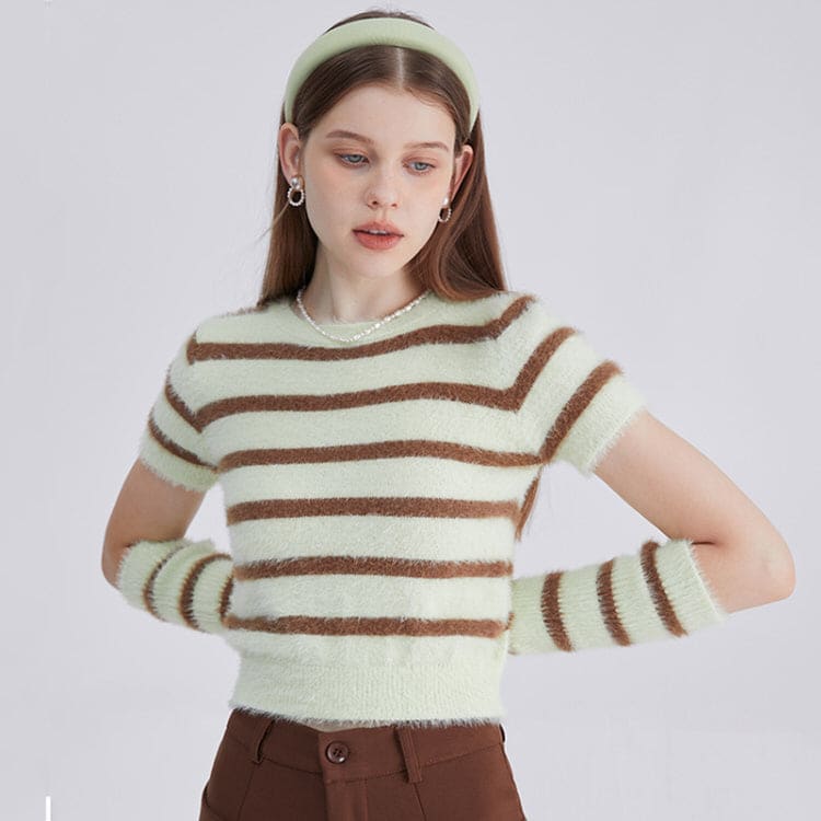 Fuzzy Striped Top and Gloves Set - Sweater