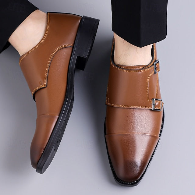 Strap Elegant Men's Shoes Dress Monk – Double Leather